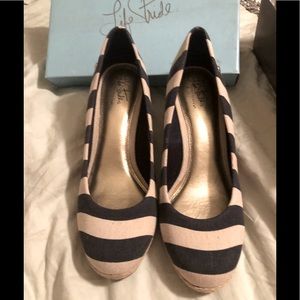 Brand New! Life Stride 11M Cork Wedge Heel in Blue/Natural Stripe